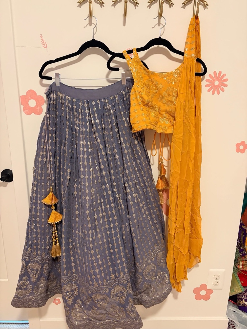 Women's Lavender and Yellow Embroidered Lehenga